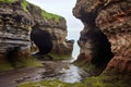 eroded rock formations around sea cave entrance Royalty Free Stock Photo