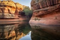 eroded sandstone cliffs framing a serene oasis