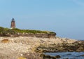 Eroded shoreline around the Point Judeth Lighthouse in Narragansett Rhode Island