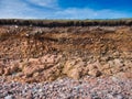 Eroding soil, subsoil and bedrock at a pebble beach near Sand Wick and Hillswick in Northmavine, Shetland, UK.