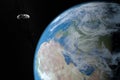 Eros asteroid passing near of Earth planet. 3d render