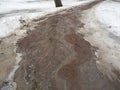 Erosion from flood waters. Spring stream. Ground washed away by a stream