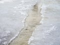 Erosion from flood waters. Spring stream. Snow washed away by a stream