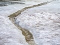 Erosion from flood waters. Spring stream. Snow washed away by a stream Royalty Free Stock Photo