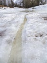 Erosion from flood waters. Spring stream. Snow washed away by a stream. Vertical view