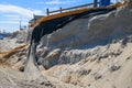 Erosion of the sand of the beach with destruction of a asphalt path after a hurricane and storm. Royalty Free Stock Photo