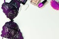 Erotic burgundy purple bra women`s underwear. Copy space