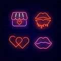 Erotic shop neon icons set. Sex accessories. Retro sign market. Light woman lips. Vector stock illustration