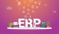 Erp business concept with team people working together with big text and icon - vector