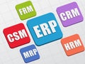 ERP, CSM, FRM, CRM, HRM, MRP in colors blocks, flat design