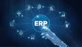 ERP - Enterprise Resource Planning solution software or application construction concept on virtual screen.