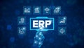 ERP - Enterprise Resource Planning solution software or application construction concept on virtual screen.