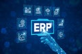 ERP - Enterprise Resource Planning solution software or application construction concept on virtual screen.