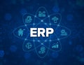 ERP - Enterprise Resource Planning solution software or application construction concept on virtual screen.