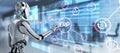 ERP Enterprise resources planning business finance technology concept. 3d render robot pressing button