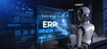 ERP Enterprise resources planning. Robot pressing button on screen 3d render