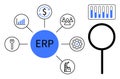 ERP system with connected modules for business management and magnifier highlighting analytical data Royalty Free Stock Photo