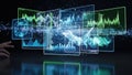 Digital interface displaying complex data visualizations, Multiple transparent screens show various graphs and charts Royalty Free Stock Photo