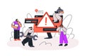 Error alert, internet failure, system problem concept. Tiny people fixing 404 mistake. Information technology security