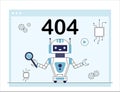 Error 404 bot. Robot with magnifying glass near chips. Oops, sorry page not found. Design element for website. User experience and Royalty Free Stock Photo