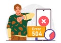 504 error concept. Man stands near smartphone and looks at his watch. Bad gateway timeout. Server interaction problems. Failed Royalty Free Stock Photo