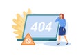 Vector illustration of business concept, error 404, Internet signal is interrupted, unavailable, businessperson annoyed and disapp