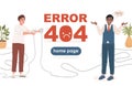 Error 404 landing page vector flat template with text space. Man holding unplugged cable, another man saying sorry.