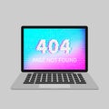 404 error on laptop screen with glitch effect. Page not found. Binary code wallpaper. Distorted writing. Bright vector Royalty Free Stock Photo