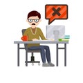 Error message in computer. Shocked man is sitting at table with monitor. Royalty Free Stock Photo