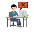 Error message in computer. Shocked man is sitting at table with monitor Royalty Free Stock Photo