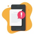 Error notice message alert on text document mobile cell phone vector flat cartoon illustration graphic, cellphone smartphone warn