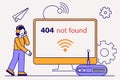 Error page illustration showing a character with headphones beside a computer displaying 404 not found message and connection Royalty Free Stock Photo