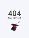 Error 404 page layout vector design with empty magic hat and a magic wand. 404 web page error creative design