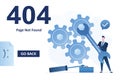 404 error, page not found landing page template. Businessman holding wrench and repairing gears. No connection, error