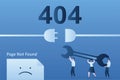 404 error,page not found landing page template. Group of programmers holding wrench
