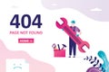 404 error, page not found, landing page template. Handsome repairman with huge wrench. Service man in uniform