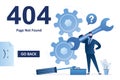 404 error, page not found landing page template. Worker man holding wrench and repairing gears. No connection, error