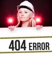 404 error sign on information poster, worker woman Royalty Free Stock Photo