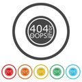 404 Error sign. Set icons in color circle buttons