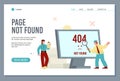 404 error website template. Page not found vector flat illustration, man holding magnifying glass and woman with notepad Royalty Free Stock Photo