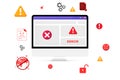 Errors and Virus concept floating around the screen. Error, malware, virus, no access, unauthorized, failed access background