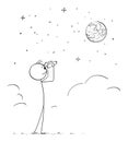 erson With Binoculars Watching Moon, Vector Cartoon Stick Figure Illustration