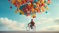 erson riding bike with bunch of helium balloons on back