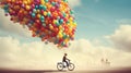 erson riding bike with bunch of helium balloons on back