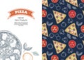 Ertical banner with pizza and pizza ingredients. Basil, tomatoes, mozzarella, onions. Restaurant menu.