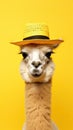 Vertical studio image of a funny llama or alpaca wearing a hat on a yellow background.