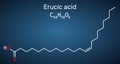 Erucic acid, docosenoic acid molecule. It is carboxylic, monounsaturated omega-9 fatty acid. Structural chemical formula on the