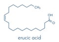 Erucic acid molecule. Monounsaturated omega-9 fatty acid found in some plants. Skeletal formula.