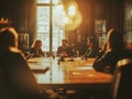 Erudite Speakers Engaged in Lively Intellectual Discussion Around a Polished Wooden Table