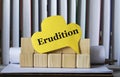 ERUDITION - word on yellow paper against the background of wooden cubes and standing books